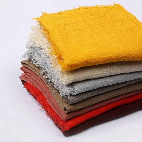 Women Solid Color Polyester Scarf Wrinkled Texture Fringed Edge Pashmina Shawl Soft Sun Protection Headscarf For Daily Travel
