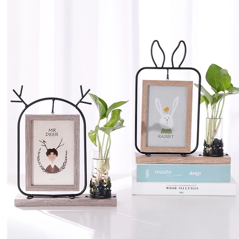 Estilo Nórdico Forma Animal Marco De Fotos Y Jarrón Hidropónico Decoración De Escritorio Madera Metal Vidrio Para Oficina Hogar