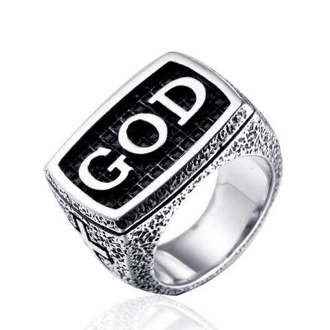 Anello Con Sigillo Da Uomo In Acciaio Inossidabile Scritta GOD Croce Retro Hip Hop Punk Texture Martellata Vintage Lucidato