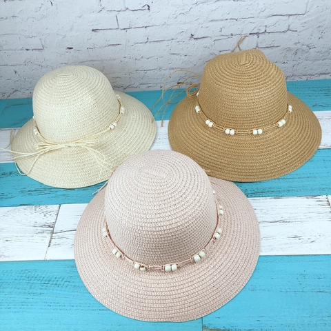 Women Straw Bucket Hat Foldable Wide Brim Sun Protection Vacation Beach Summer With Wood Beads Decor