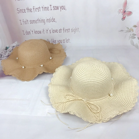Women Straw Sun Hat Wide Brim Scalloped Edge Artificial Pearl Bow Foldable Beach Travel Elegant Summer