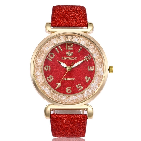 Elegant Women Quartz Watch With PU Leather Strap Rhinestone Diamond Bezel Glitter Dial Fashion Casual Ladies Wristwatch