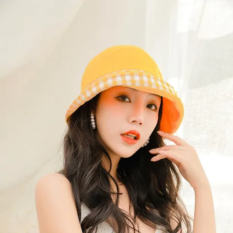 Women Cotton Bucket Hat With Plaid Trim Gingham Pattern Wide Brim Outdoor Sun Protection Casual Fishermen Hat