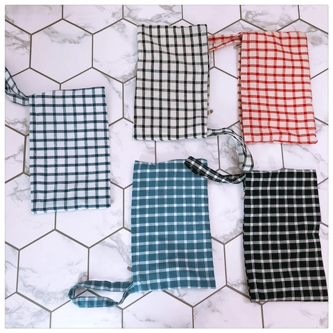 Minimalist Plaid Cotton Canvas Wristlet Clutch Bag Phone Purse With Zipper Closure Hand Strap Korean Style Women