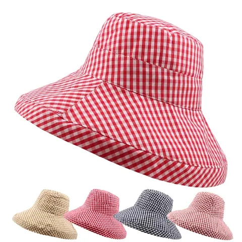 Women's Wide Brim Bucket Hat Plaid Checkered Pattern Sun Protection Foldable Summer Spring Cotton Polyester