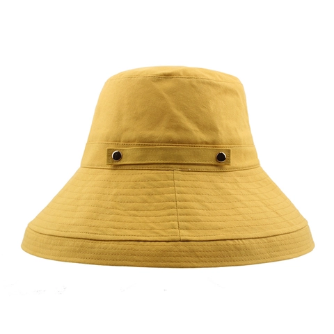 Women Cotton Linen Bucket Hat Wide Brim Foldable Sun Protection Summer Beach Hat With Decorative Buttons