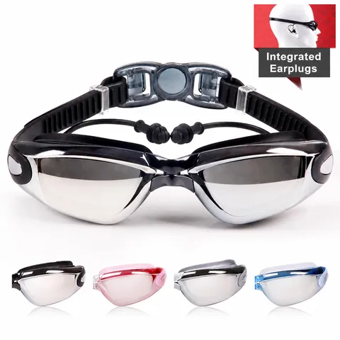 Schwimmbrille Für Erwachsene Polycarbonat Silikon Antibeschlag Wasserdicht Verspiegelt Myopie Mit Integrierten Ohrstöpseln