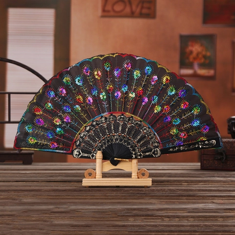 Ventaglio Pieghevole Cinese Vintage Ricamo Paillettes Motivo Pavone Telaio Plastica Traforata Elegante Accessorio Danza Performance