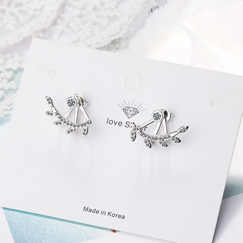 Elegant Copper Leaf Stud Earrings For Women Forest Style Fresh Branch Design Niche Rhinestone Jewelry Silver Color Accessory