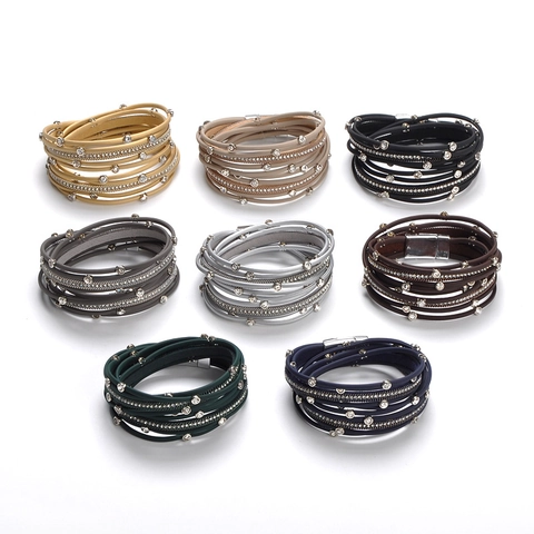 Multi Layer Wrap Bracelet Leather Rhinestone Stainless Steel Magnet Buckle Bohemian Fashion Jewelry For Women