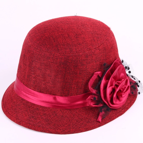 Women Elegant Linen Look Cloche Hat With Large Satin Flower Polka Dot Mesh Decor Retro French Style Autumn Bucket Hat For Lady Travel