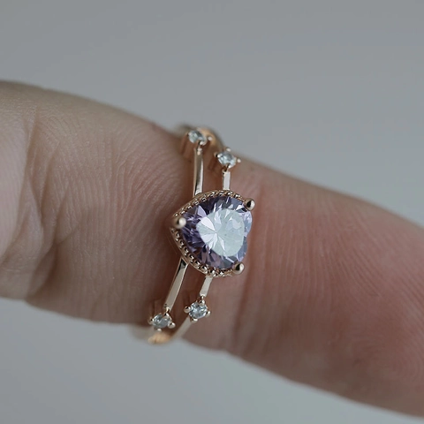 Purple Heart Cubic Zirconia Ring Copper 14K Rose Gold Plated Romantic Sweet Jewelry Gift For Women Elegant Accessories