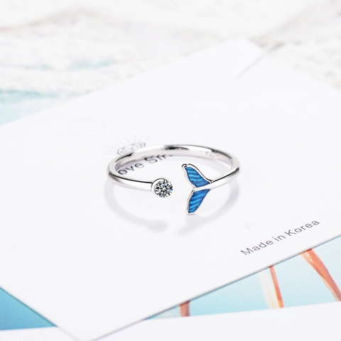 Anillo Abierto De Cola De Pez Azul Cobre Con Circón Océano Ballena Ajustable Joyería Para Mujer