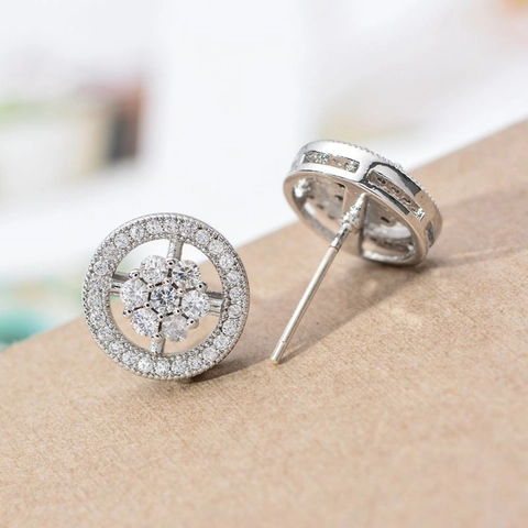 Orecchini A Lobo Fiore Tondo Rame Placcato Oro Bianco Zircone Halo Micro Pave Gioielli Di Moda Eleganti Regalo Donna