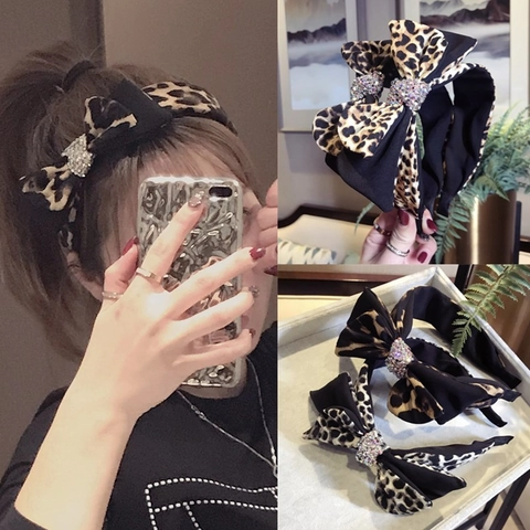 Leopard Print Bowknot Headband Fabric Wide Hairband With Rhinestones Korean Style Shiny Hair Accessories For Women