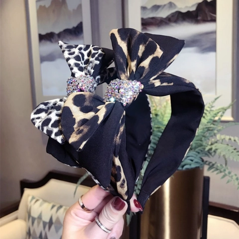 Leopard Print Bowknot Headband Fabric Wide Hairband With Rhinestones Korean Style Shiny Hair Accessories For Women