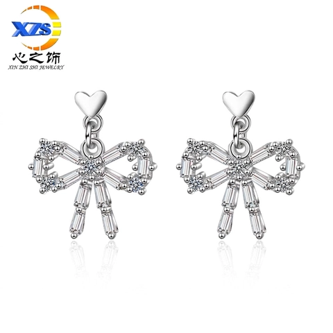 Orecchini Pendenti Cuore Fiocco Rame Intarsiato Zircone Scintillante Gioielli Moda Eleganti E Dolci Per Donna