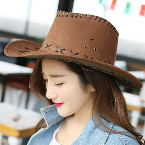 Chapeau De Cow-Boy Western Imitation Daim Large Bord Corde À Vent Réglable Protection Solaire Pour Enfants Et Adultes