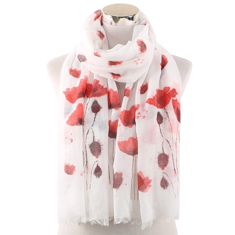 Damen Leichter Schal Mit Blumendruck Polyester Mode Mohnblumenmuster Lange Stola Mit Quasten Für Sonnenschutz Reisen