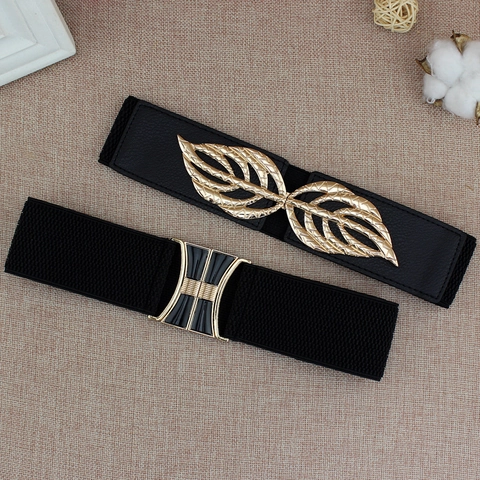 Women Wide Elastic Corset Belt PU Leather Alloy Interlocking Leaf Buckle Solid Color Stretchy Waistband For Dresses