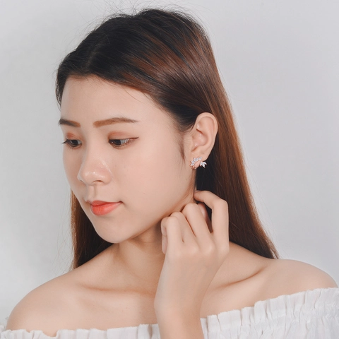 Leaf Stud Earrings Copper With Clear Marquis Zircon Flower Shape For Women Elegant Jewelry
