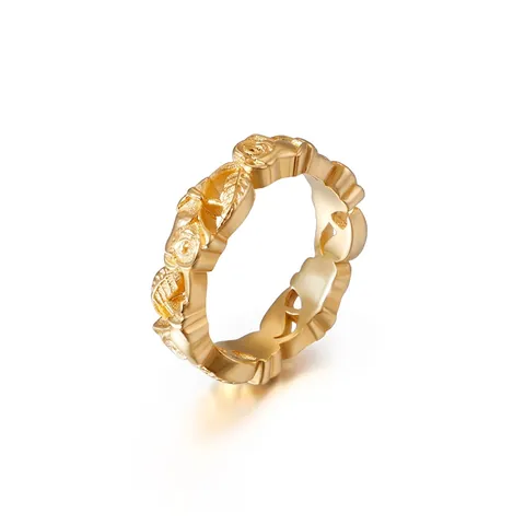 Anello A Fascia Con Rilievo Di Rosa Acciaio Inossidabile Placcato Oro 18K Vintage Elegante Floreale Gioielli Regalo Per Donne Coppie