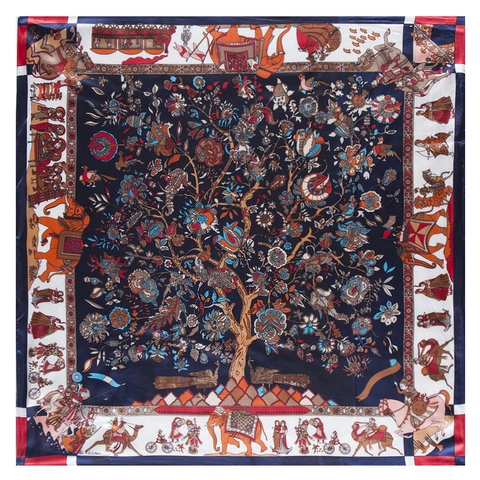Damen Ethno Elefant Lebensbaum Muster Satin Quadratischer Schal Vintage Seidig Polyester Großes Bandana Foulard Kopftuch Schal