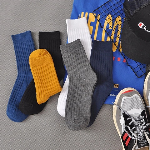 Men's Cotton Ribbed Crew Socks Breathable Sweat Absorbent Solid Color Mid-Tube Socks For Business Casual Daily Wear