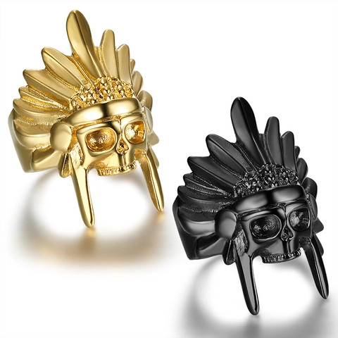 Anello Teschio Capo Indiano Acciaio Inossidabile Punk Gothic Vintage Copricapo Gioielli Biker Per Uomo