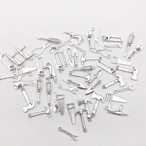 50Pcs Antique Silver Alloy Mini Simulation Tool Pendants DIY Jewelry Making Charms Hammer Axe Wrench Screwdriver Accessories