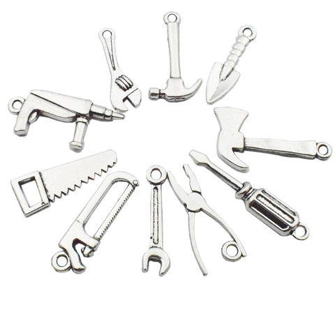 Simulation Tool Charms Zinc Alloy Antique Silver Plated Hammer Axe Wrench Saw Screwdriver Pliers For DIY Jewelry Making Crafting