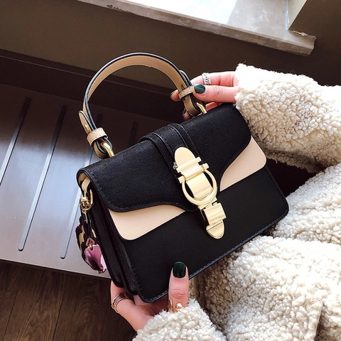 Vintage Color Block Shoulder Bag PU Leather Suede Square Handbag Wide Striped Strap Metallic Lock