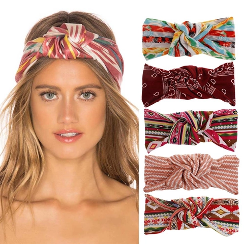 Women Bohemian Twist Knot Headband Elastic Wide Hair Band Polyester Cotton Printed Yoga Sport Accessories