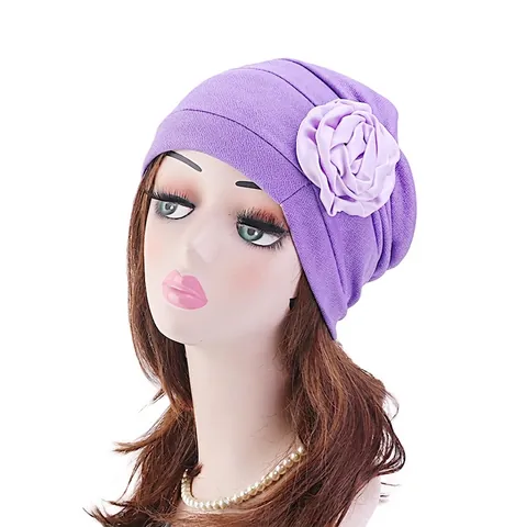 Damen Plissierter Turban Hut Mit Großer Blume Polyester Kopftuch Für Haarausfall Eleganter Chemo Hut Schlafmütze