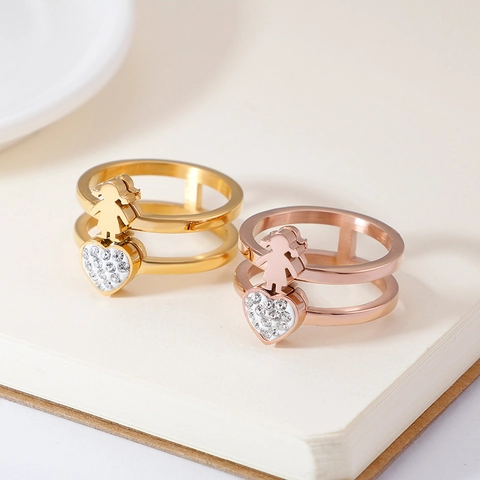 Anello Doppio Strato Acciaio Inossidabile Cuore Zirconi Bambino Bambina Silhouette Gioielli Moda Regalo