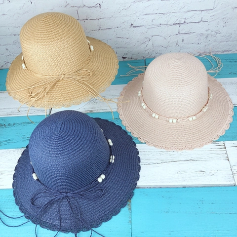 Women Woven Straw Sun Hat With Scalloped Edge Beads Bow Wide Brim Summer Beach Travel Elegant