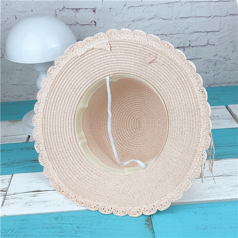 Women Woven Straw Sun Hat With Scalloped Edge Beads Bow Wide Brim Summer Beach Travel Elegant
