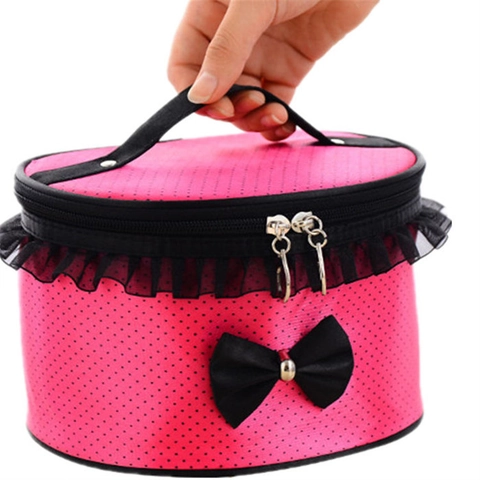 Polka Dot Makeup Bag Canvas Portable Travel Cosmetic Case With Lace Bow Detail Zipper Top Handle For Women