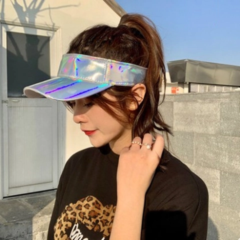 Holographic Laser Sun Visor Hat Reflective Open Top Cap Wide Brim Adjustable Summer Beach Streetwear For Women Men
