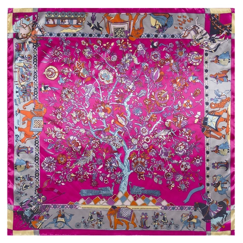 Damen Ethno Elefant Lebensbaum Muster Satin Quadratischer Schal Vintage Seidig Polyester Großes Bandana Foulard Kopftuch Schal