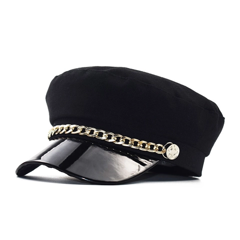 Retro Damen Schirmmütze Mit PU-Leder Patentkrempe Und Metallkette Dekor Oktogonal Baker Boy Mütze Casual Herbst Winter