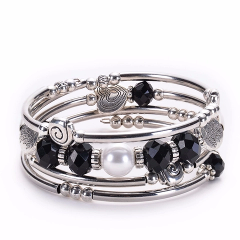 Bohemian Multi Layer Wrap Bracelet With Crystal Faux Artificial Pearl Heart Tree Of Life Charms Silver Tone Coil Jewelry For Women