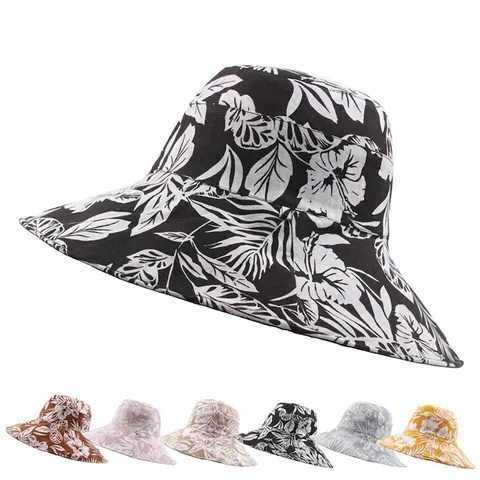 Women Reversible Bucket Hat Wide Brim Sun Protection Floral Tropical Print Cotton Polyester Summer Beach Travel Hat