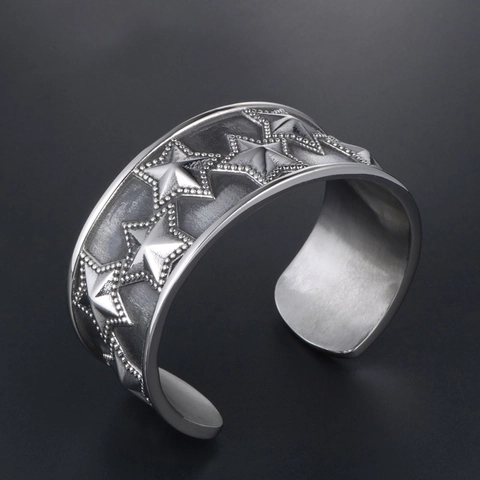 Men Retro Punk Wide Open Bangle 316L Stainless Steel Five Pointed Star Engraved Oxidized Vintage Style Jewelry
