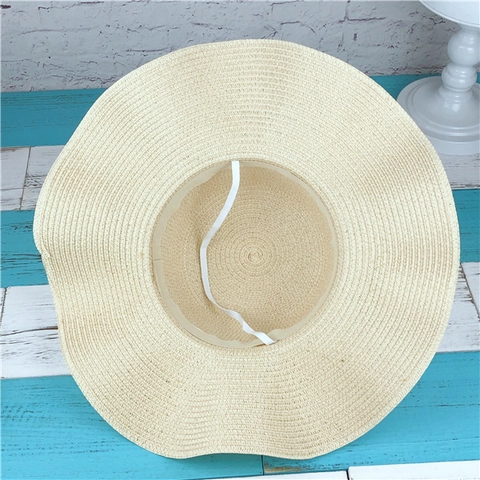 Cappello Da Sole In Paglia Da Donna Tesa Larga Ondulata Pieghevole Spiaggia Vacanza Elegante Intrecciato Con Künstliche Perle Sintetiche Nastro