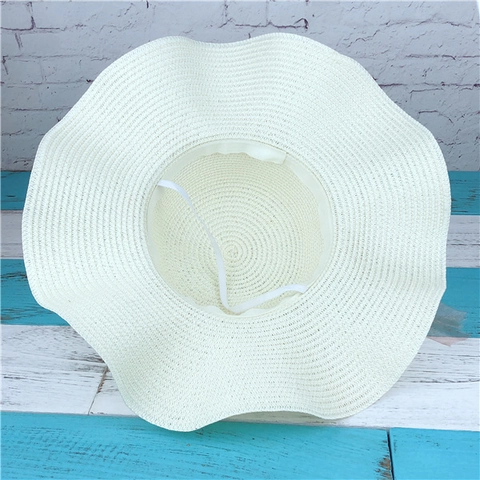 Women Straw Sun Hat Large Wavy Brim Foldable Beach Vacation Hat With Fabric Flower Wreath And Chiffon Ribbon Bow