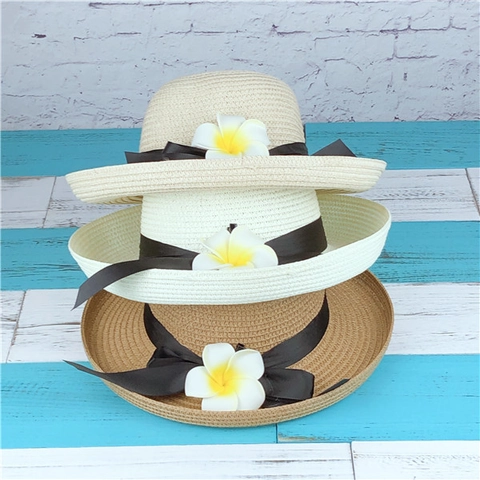 Chapeau De Paille Femme Soleil Large Bord Pliable Vacances Plage Ruban Fleur Tissé Accessoire Été