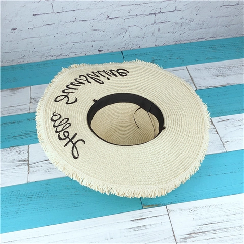 Damen Sonnenhut Strohhut Mit Breiter Krempe Hello Sunshine Stickerei Schwarze Schleife Sommer Strand Urlaub Fransen