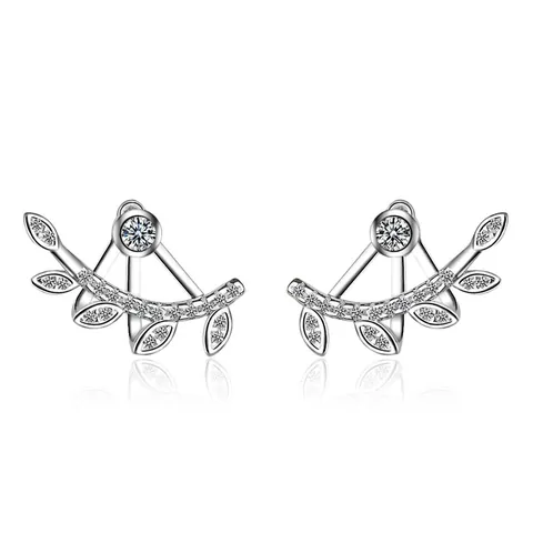 Elegant Copper Leaf Stud Earrings For Women Forest Style Fresh Branch Design Niche Rhinestone Jewelry Silver Color Accessory