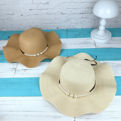 Cappello Da Sole In Paglia Da Donna Tesa Larga Ondulata Pieghevole Spiaggia Vacanza Elegante Intrecciato Con Künstliche Perle Sintetiche Nastro